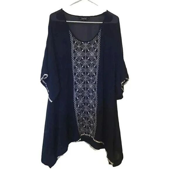 Lands' End Women's Navy Poly Georgette w White Embroidery Tunic Cover Up - Picture 2 of 11